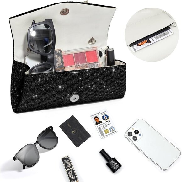 Women Bow Black Imported Magnetic Purse Rhinestone Envelope Party Handbag - Picture 5 of 6